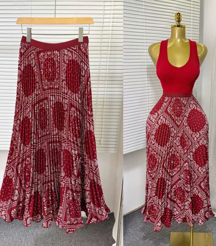 Deep Red Pleated Skirt 402